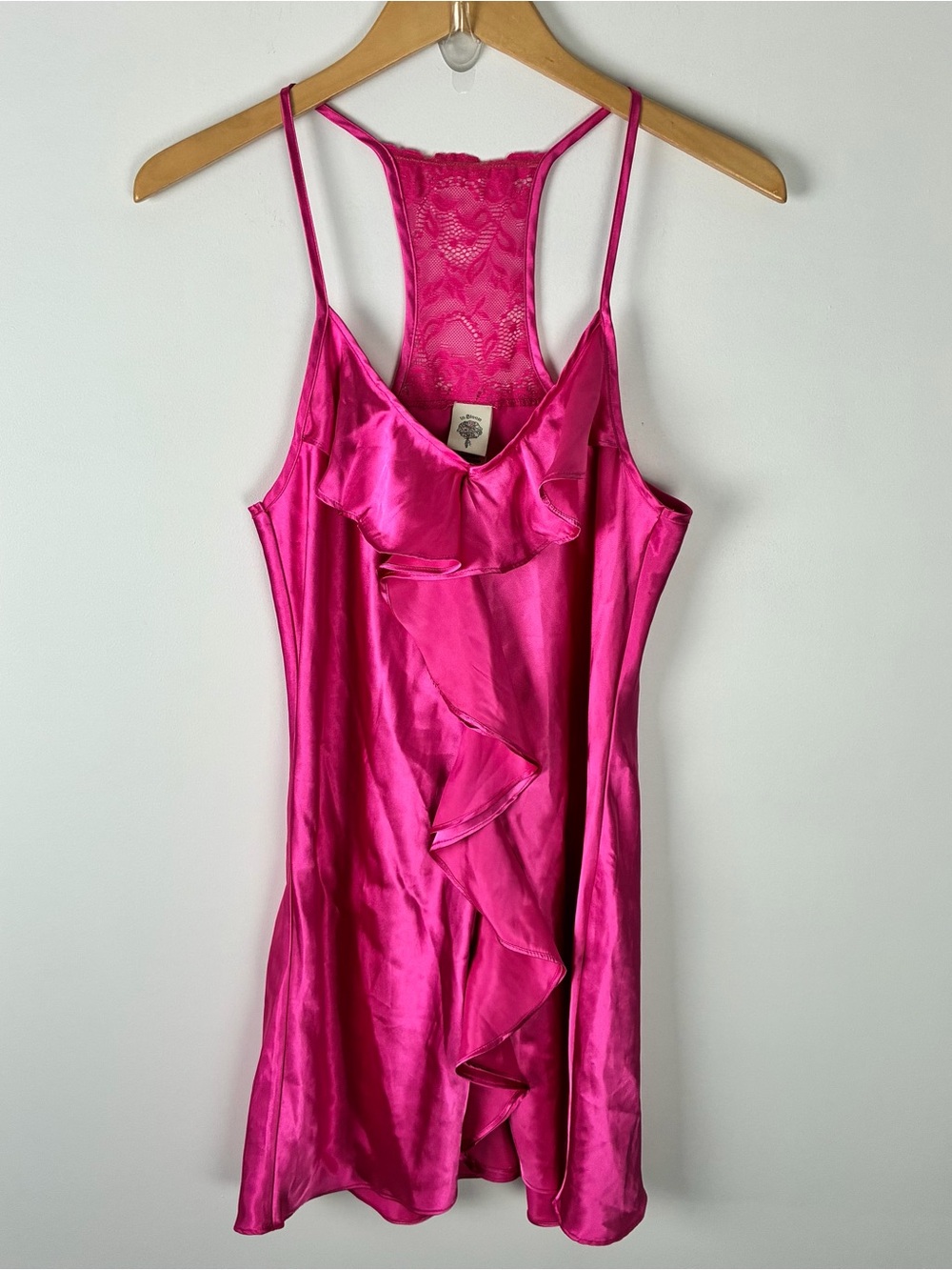 Vintage 2000s Pink Ruffle Satin Slip Dress Feminine Coquette Y2K Lace Barbie M